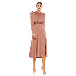 Mac Duggal Ieena‎ High Neckline Mauve Long Sleeve Puff Shoulder Midi Dress 8 NWT